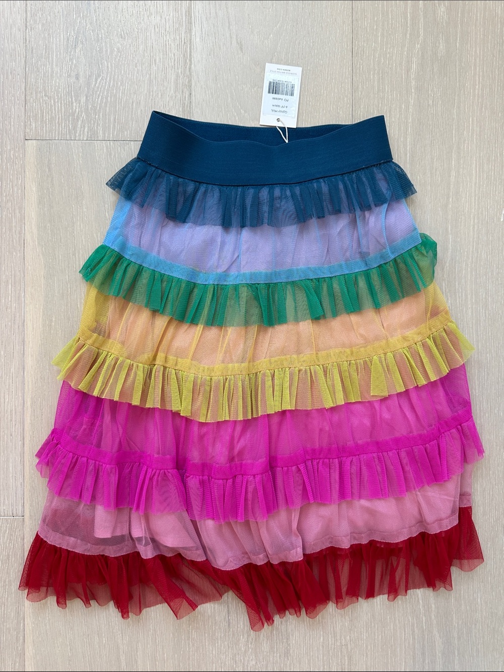 Mini Boden Rainbow Ruffle Tiered Skirt with Navy Waistband